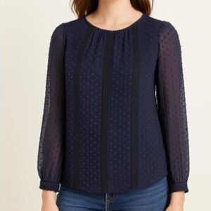 J. Crew Navy Swiss Dot and Lace Button Back Silk Dot Blouse size 6 tall